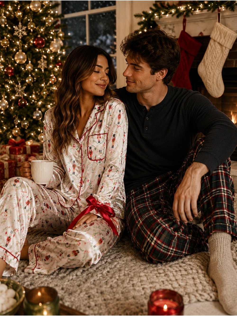 Women’s Satin Nutcracker Print Pajama Set - White with Red Trim